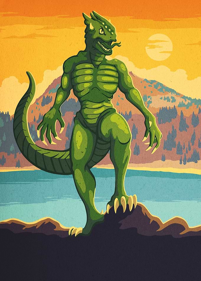 Lizard Man Standing by Lake