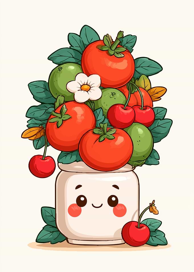 Cute Kawaii Fruit Pot Illustration