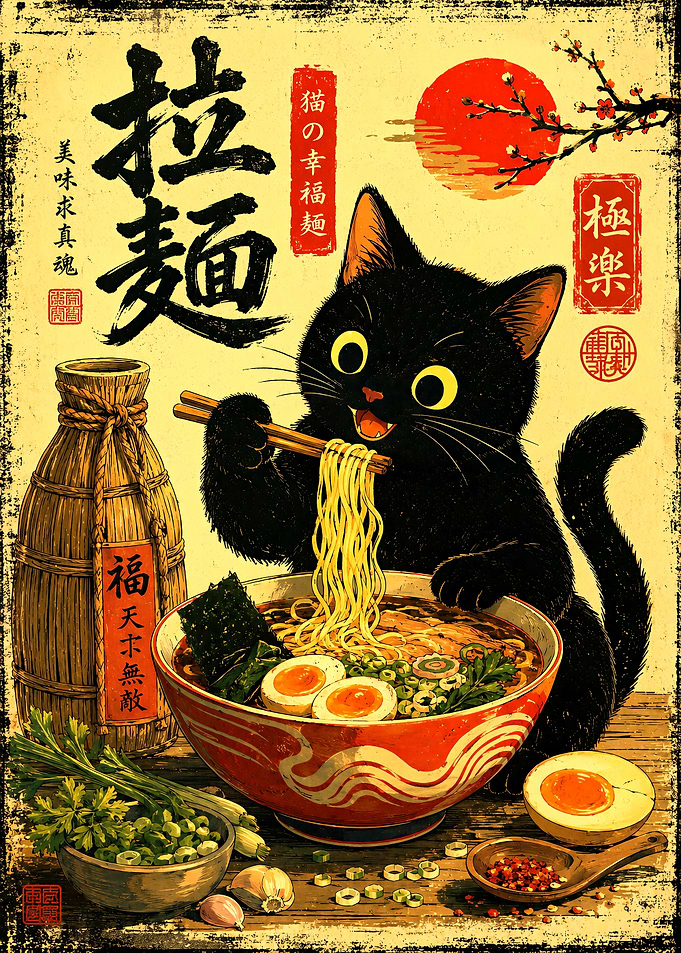 Black Cat Eating Ramen Poster