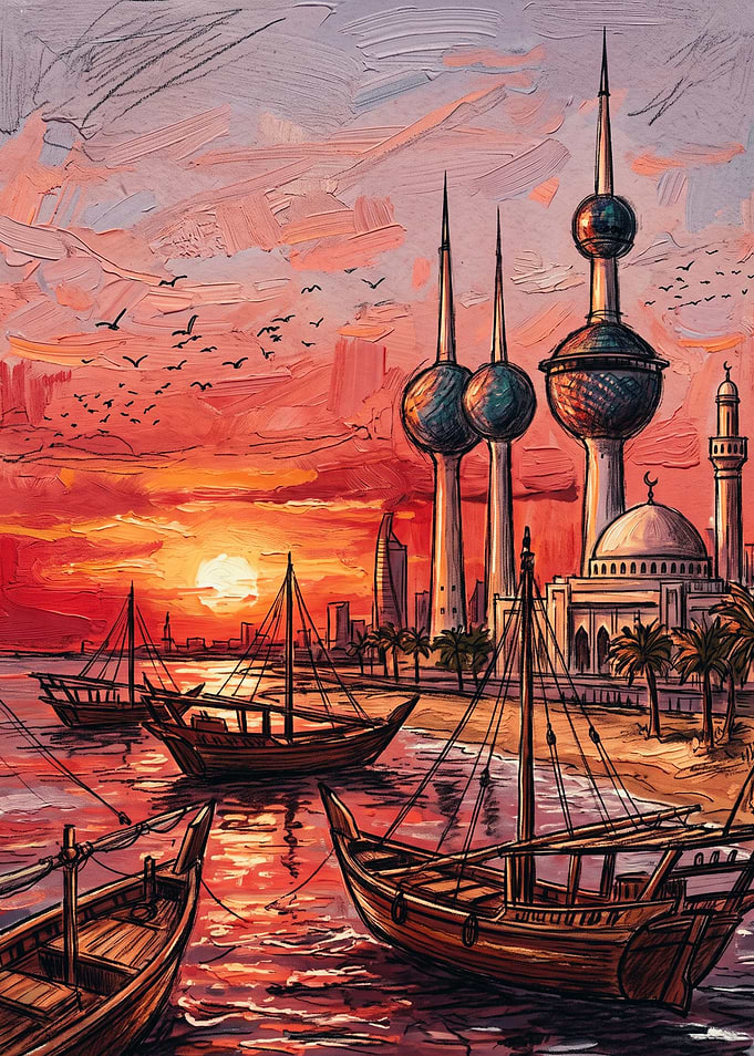 Kuwait Towers Sunset Oil Painting