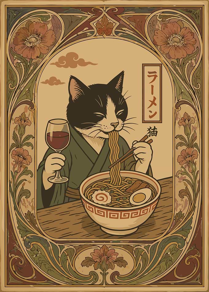 Art Nouveau Cat Eating Ramen