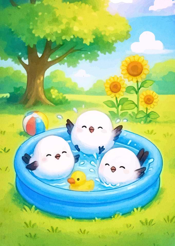 Cute Birds Playing in Paddling Pool