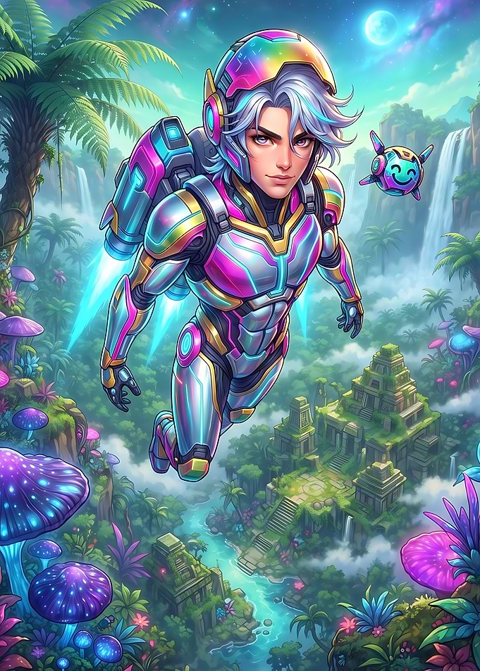 Futuristic Explorer in Alien Jungle