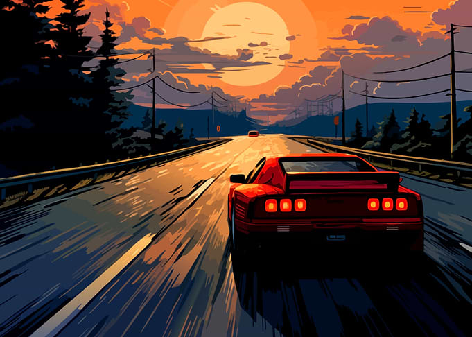 Red Sports Car Driving at Sunset