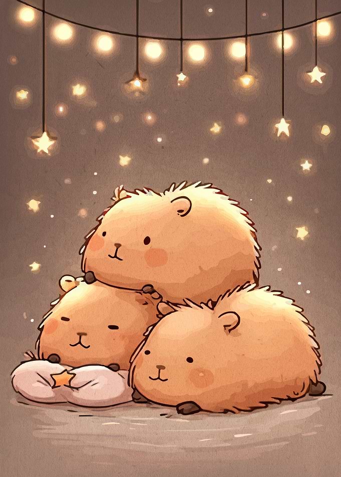 Three Cute Capybaras Under Fairy Lights