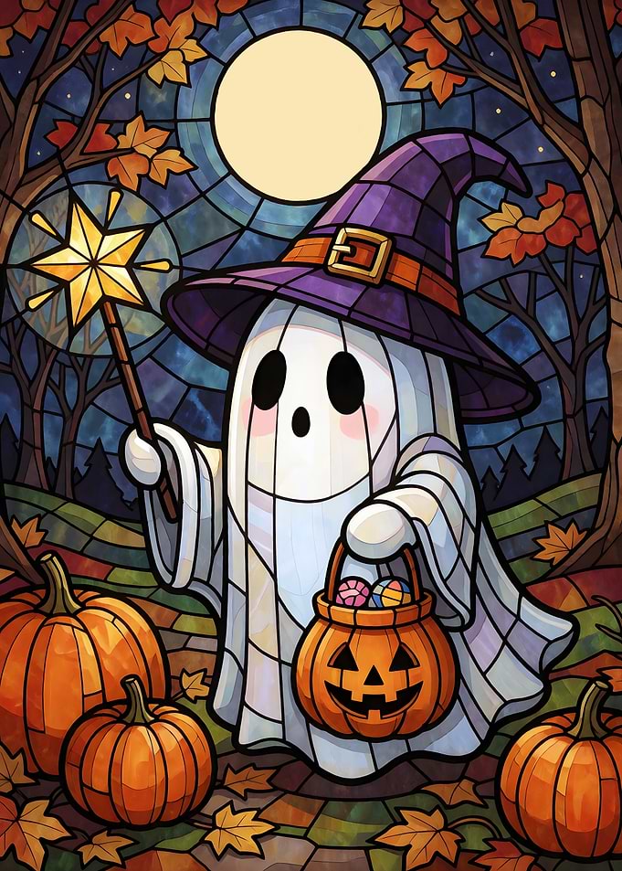 Ghost Wizard Stained Glass Halloween Illustration