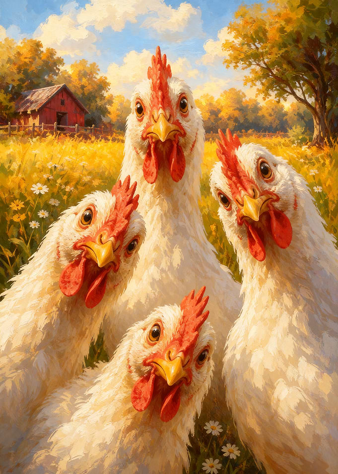 Four Curious Chickens on a Farm