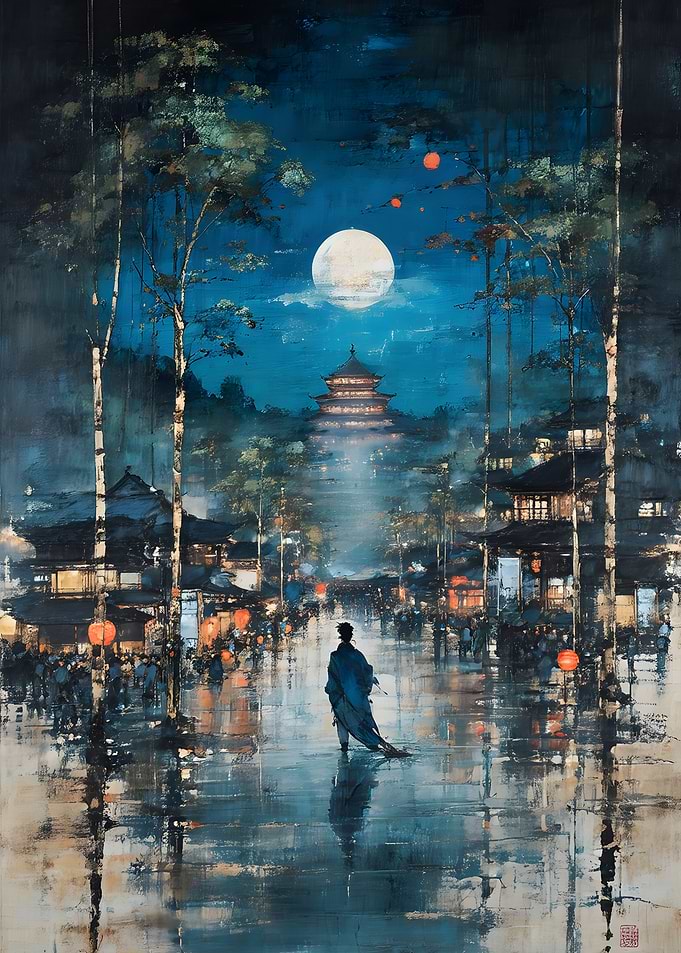Lone Traveler in Ancient Moonlit City