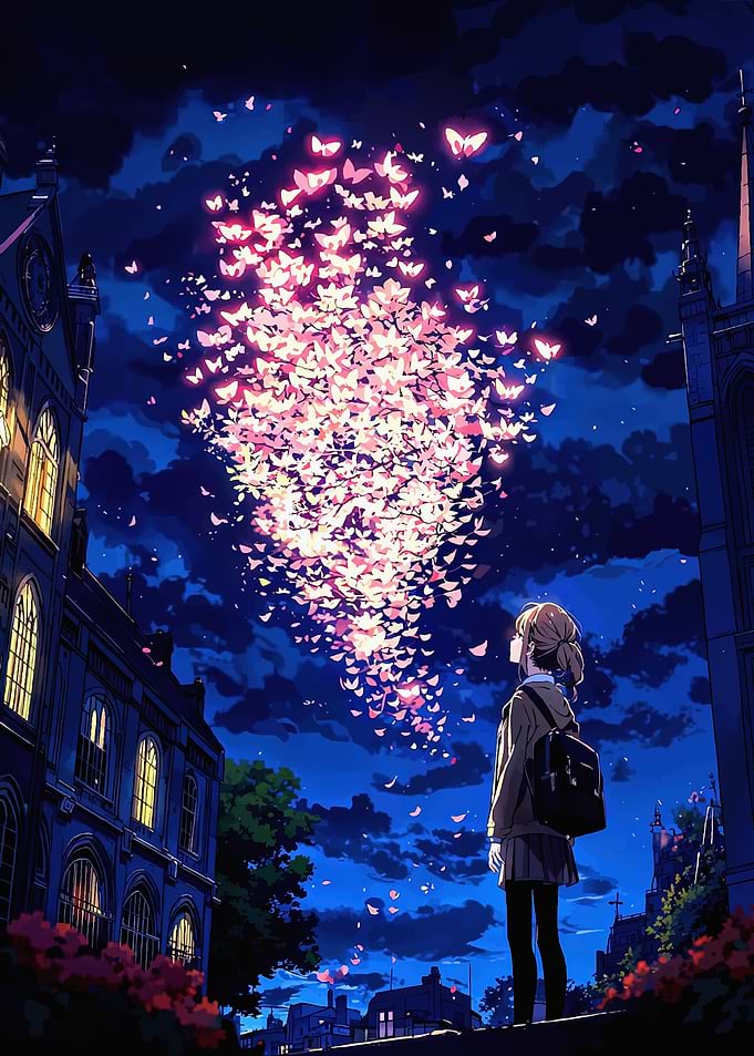 Girl Watching Glowing Butterfly Swarm