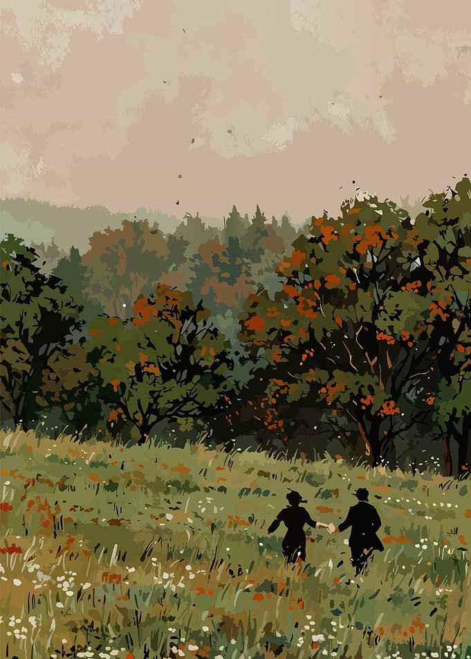 Couple Walking Through Autumn Meadow