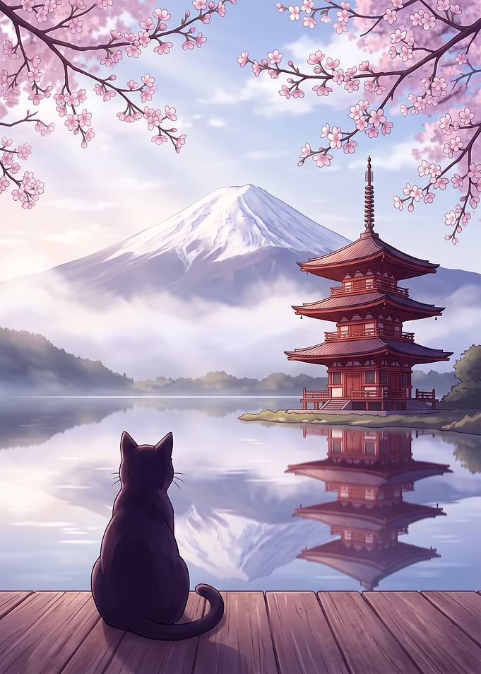 Black cat under Cherry Blossom fuji mount japan