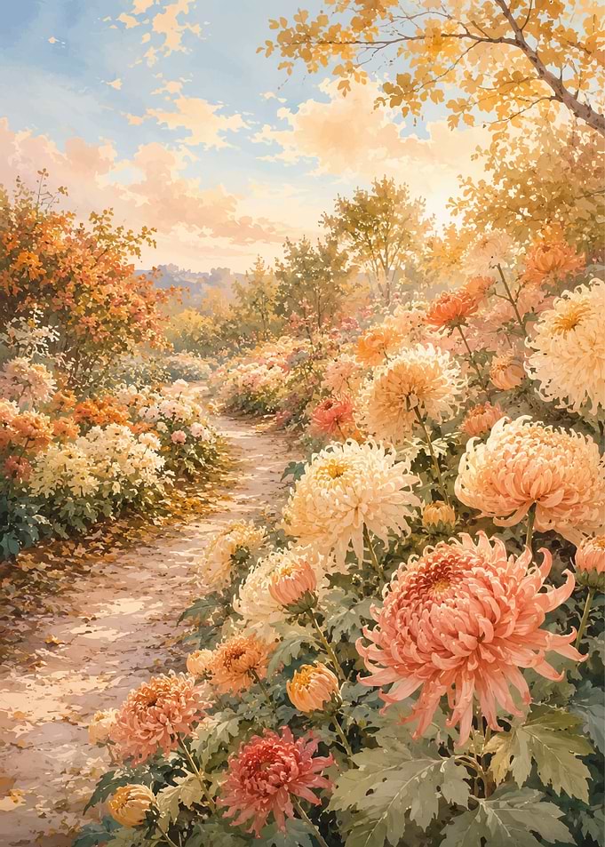 Golden Autumn Chrysanthemum Garden Path