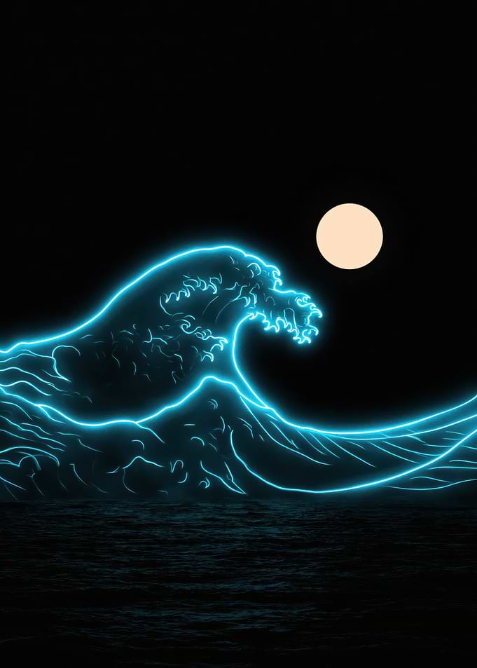 Electric Great Wave - Neon Great Wave Night Art