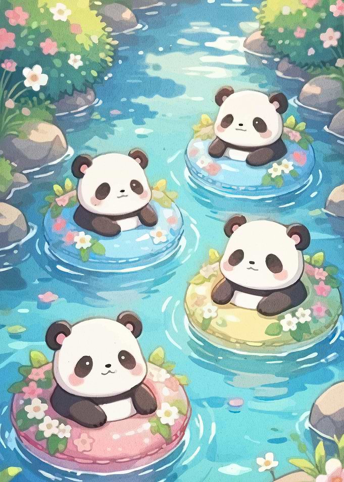 Cute Pandas Floating in River