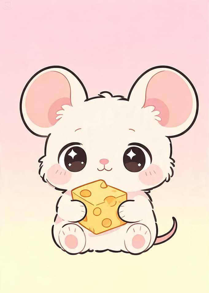 Cute Kawaii Mouse Eating Cheese