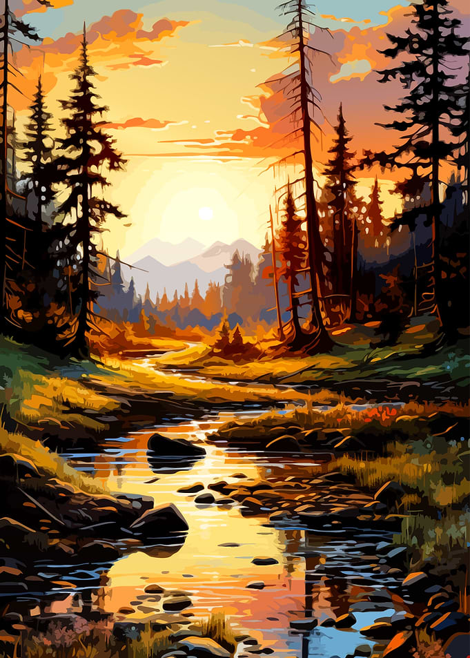 Golden Sunset Over Forest Stream