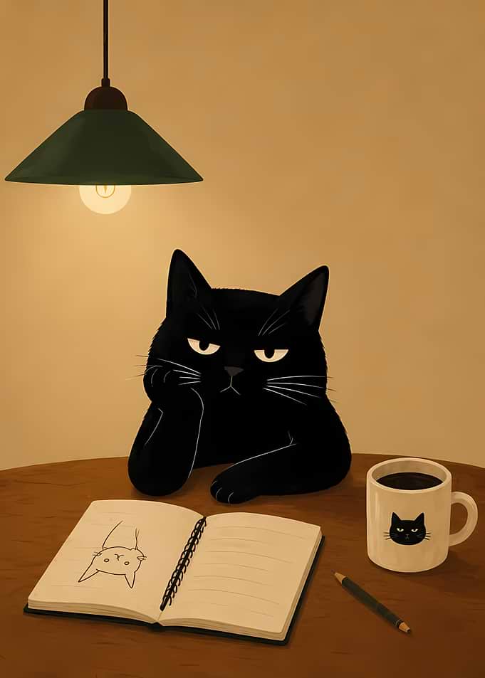 Bored Black Cat Sketching at Desk