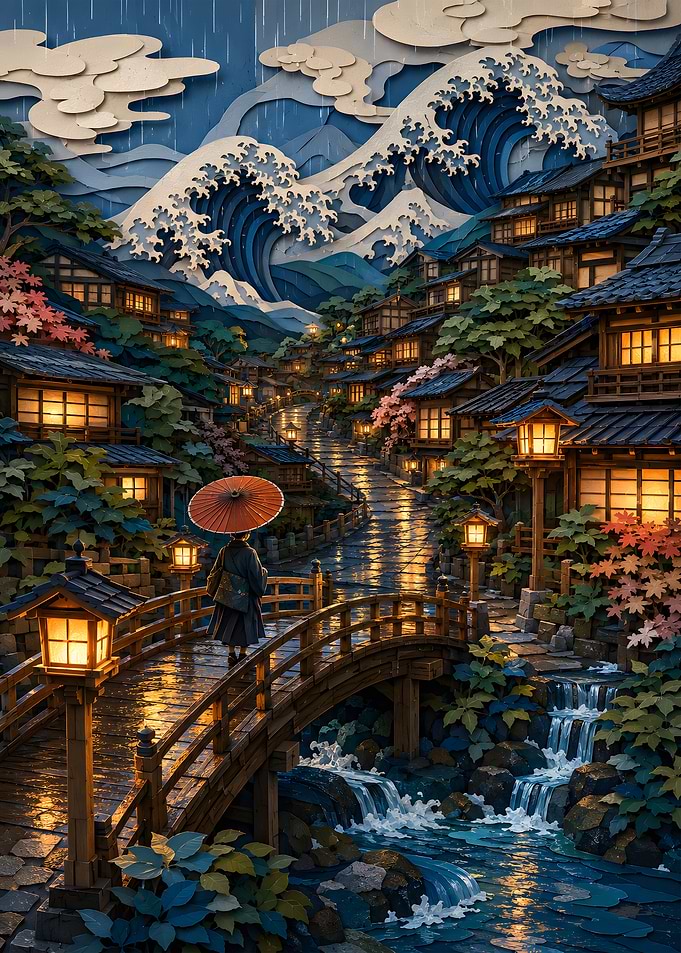 Traveler Crossing Wooden Bridge in Rainy Japanese Village
