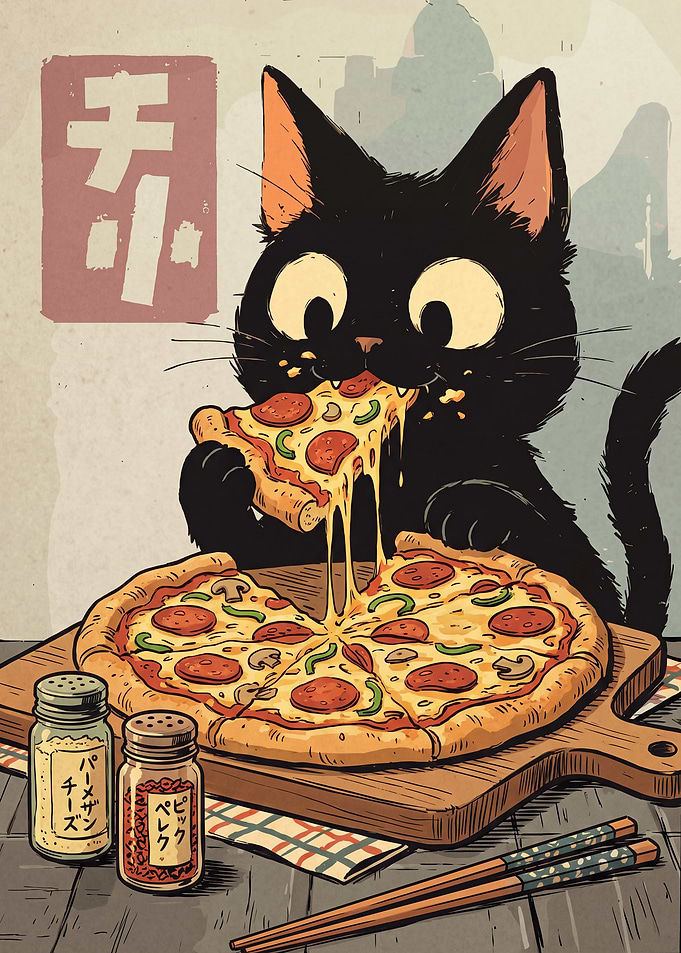 Cute Black Cat Eating Pizza