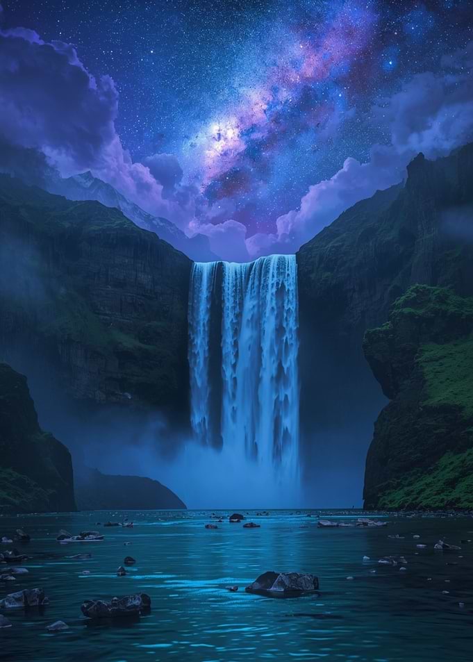 Astral Cascade Waterfall Beneath the Infinite Sky