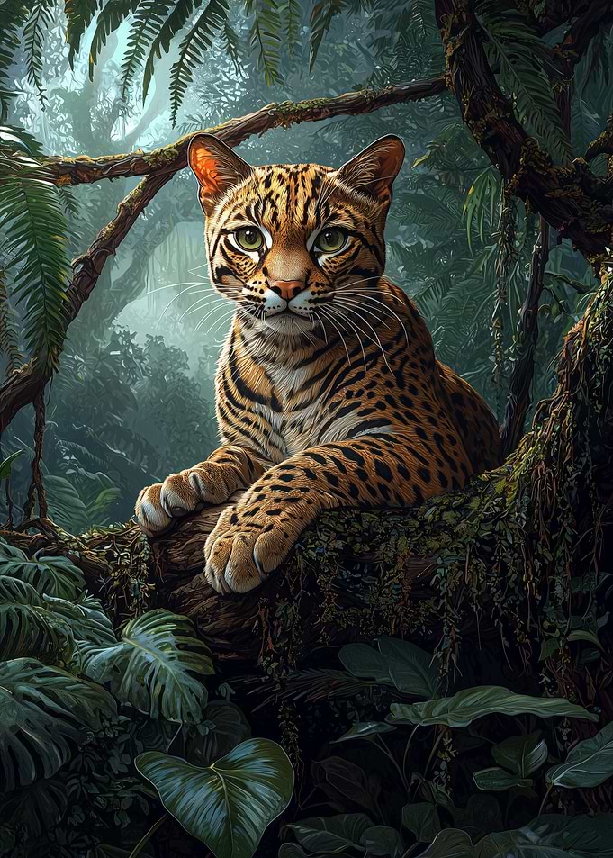Ocelot Resting in the Misty Rainforest