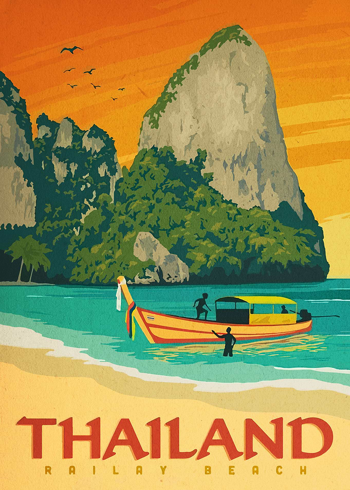 Vintage Thailand Railay Beach Travel Poster