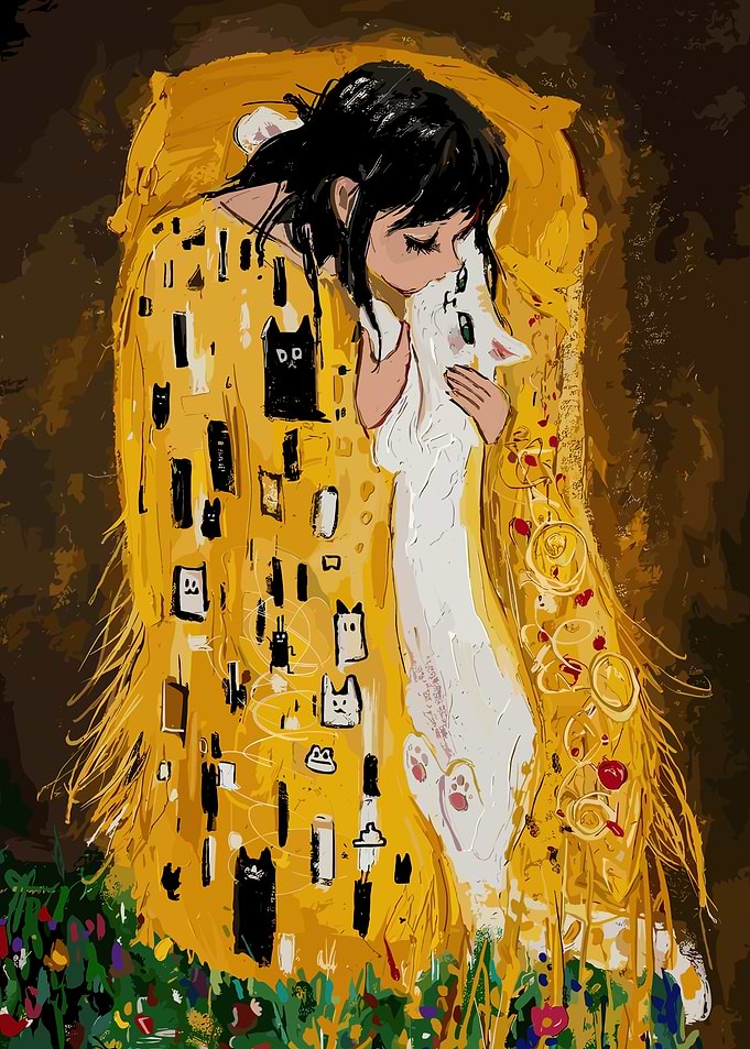 Klimt Style Girl Hugging White Cat