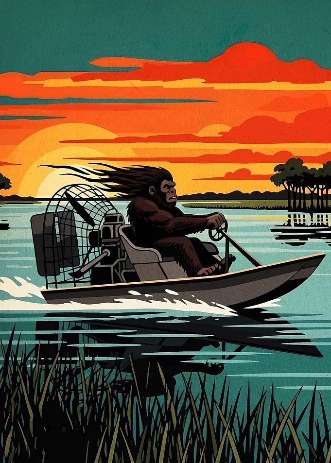 Bigfoot Riding an Airboat