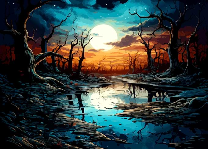 Eerie Moonlit Forest Swamp Landscape