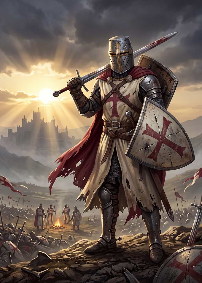 Crusader Knight Standing on Battlefield