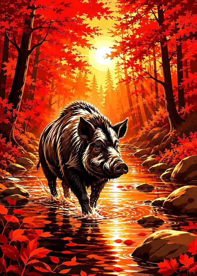 Wild Boar in Autumn Forest Stream