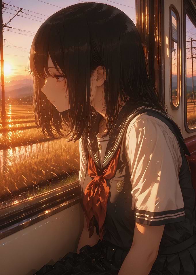 Anime Girl Riding Train at Sunset