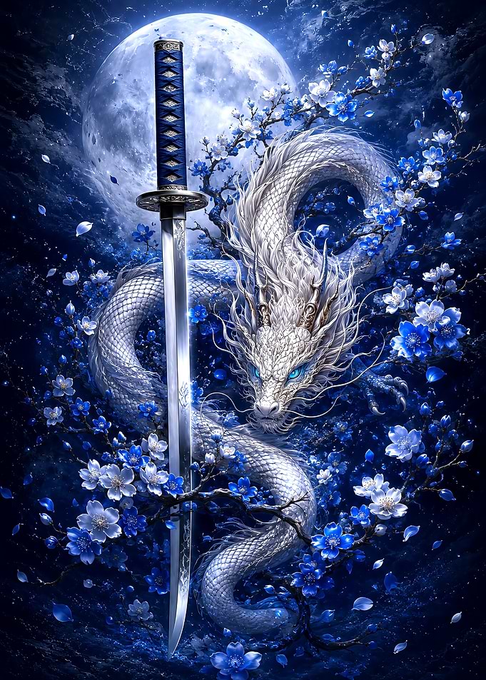 White Dragon and Katana Under Moon
