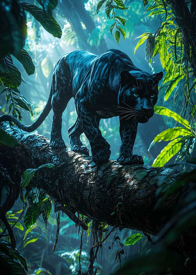 Black Panther on a Glowing Jungle Branch