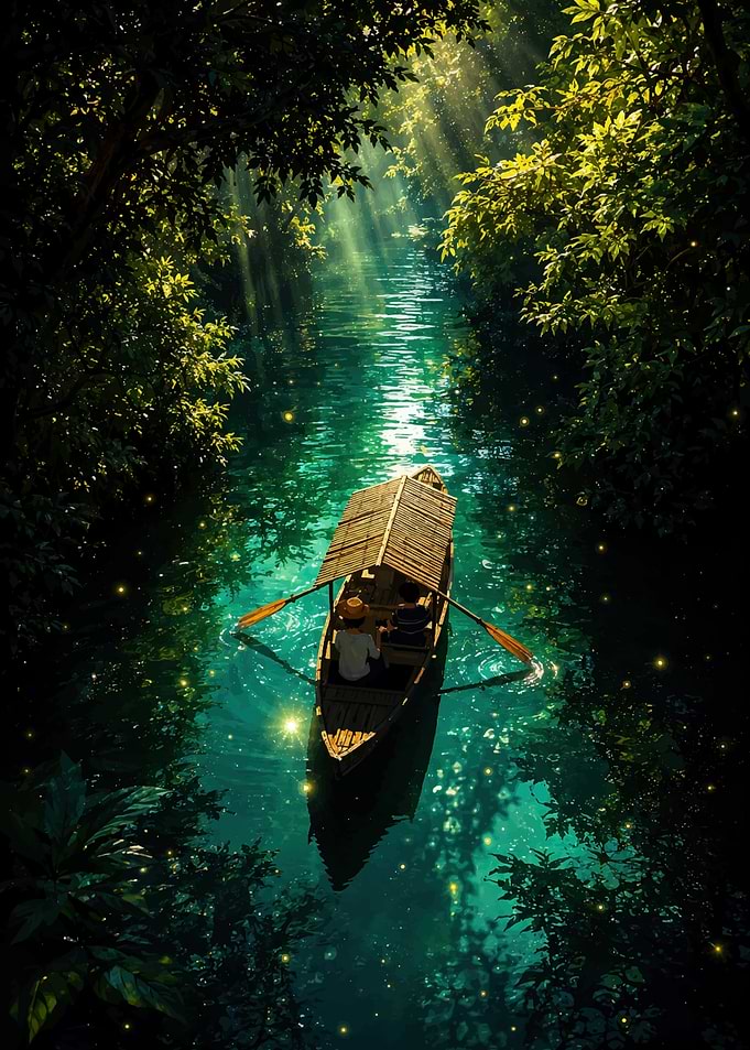 Serene Boat Ride Through Glowing Forest