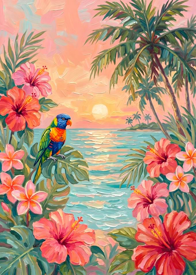 Tropical Sunset with Lorikeet and Flowers