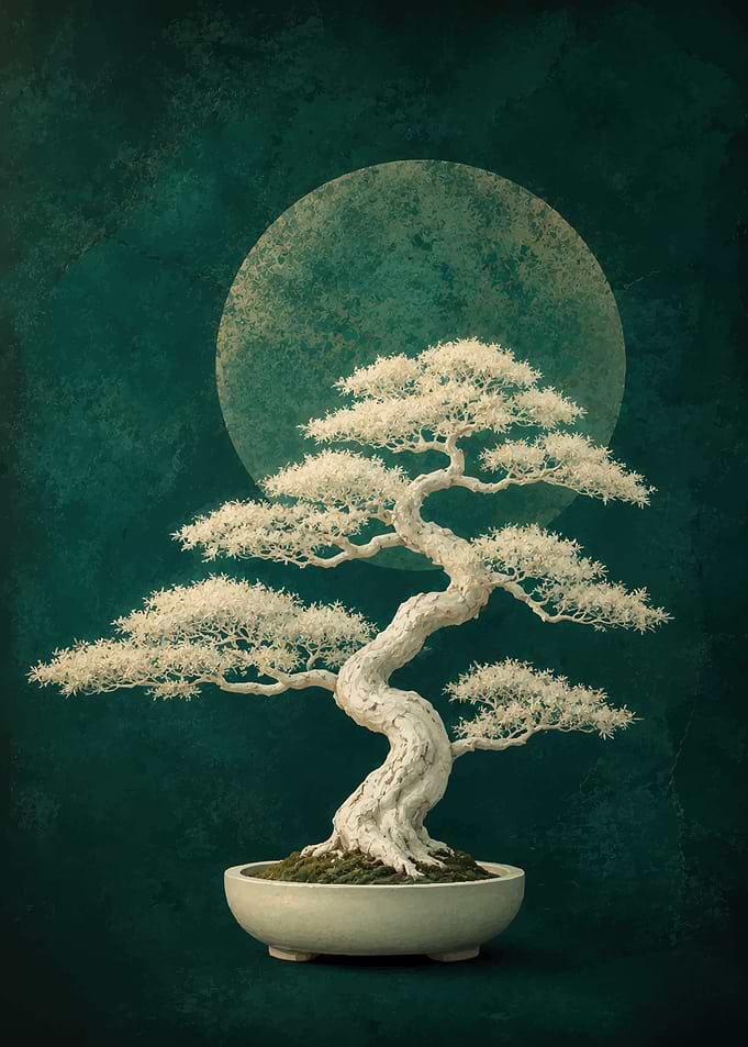 White Bonsai Tree Against Dark Background