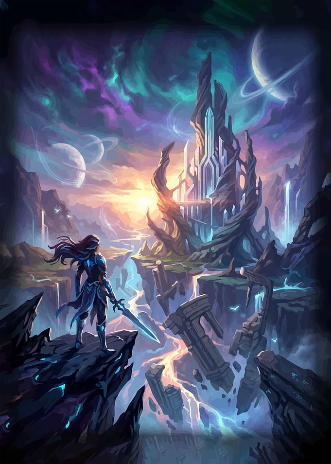 Warrior Facing a Cosmic Fantasy Citadel