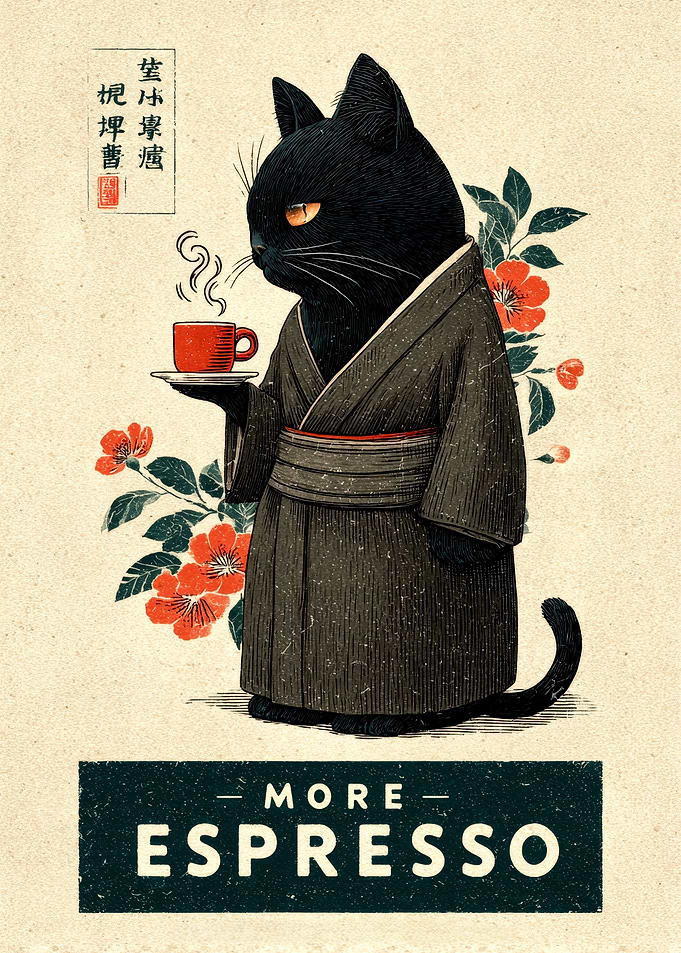 Black Cat in Kimono Drinking Espresso