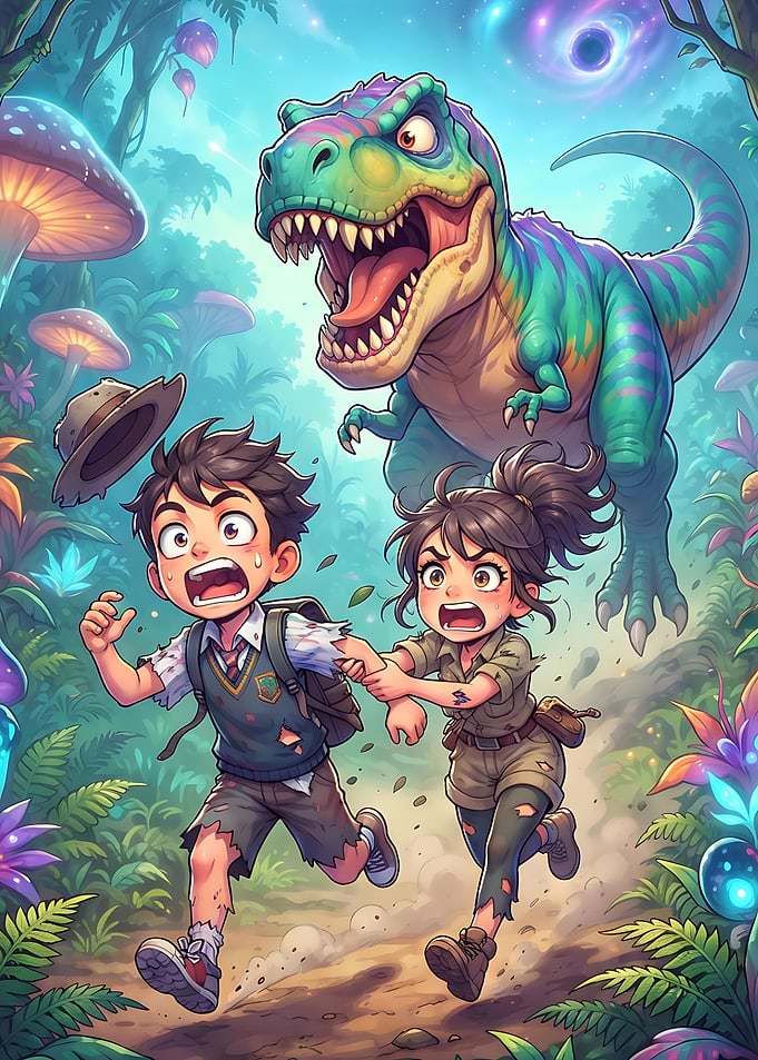 Children Running from a T-Rex