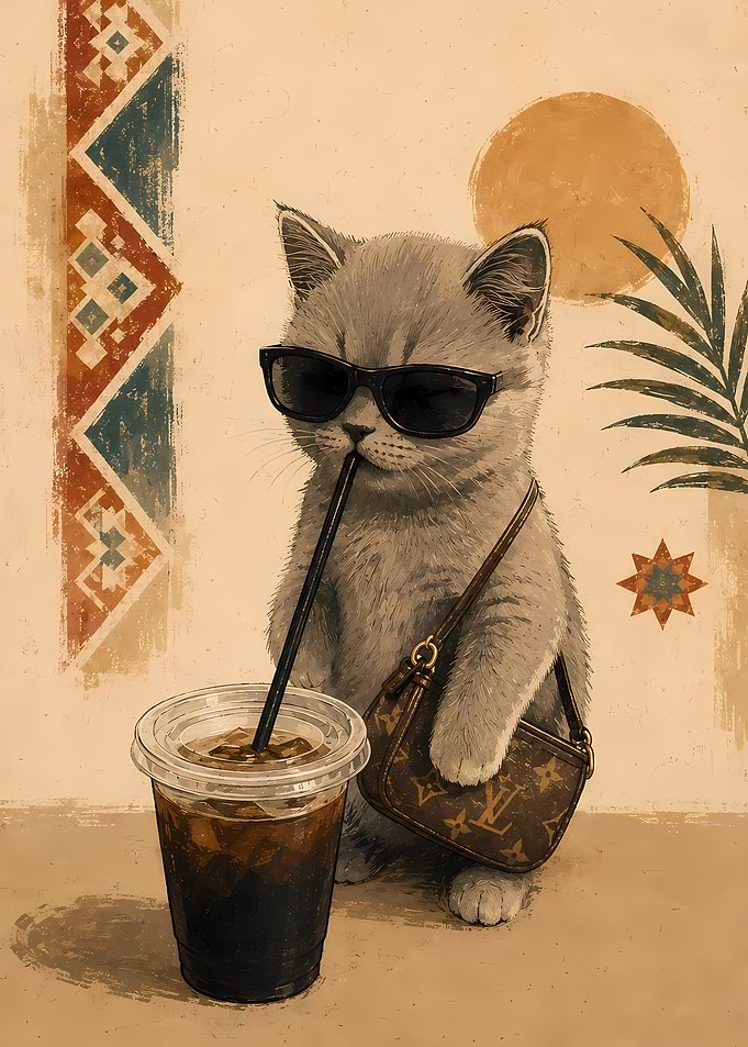 Stylish Kitten Drinking Iced Coffee