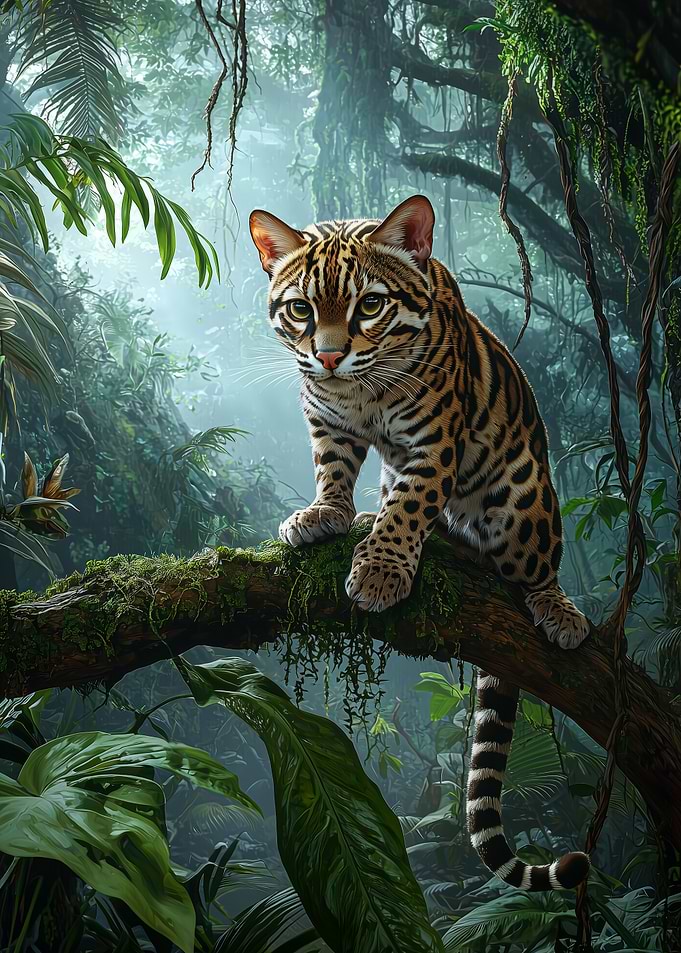 Ocelot Prowling Through the Rainforest Canopy