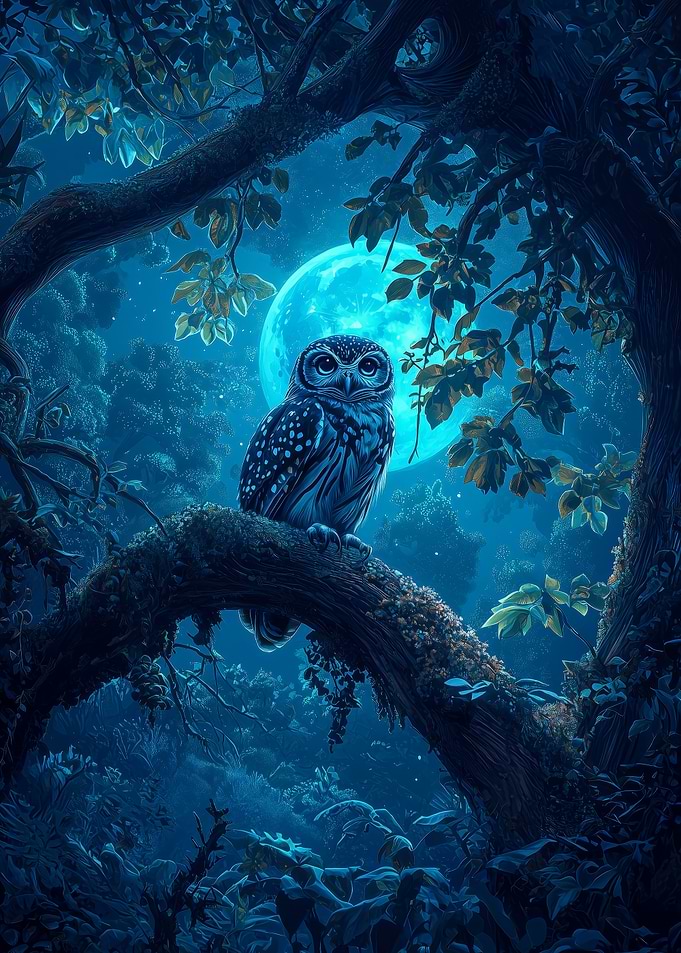 Mystic Owl Beneath the Glowing Blue Moon