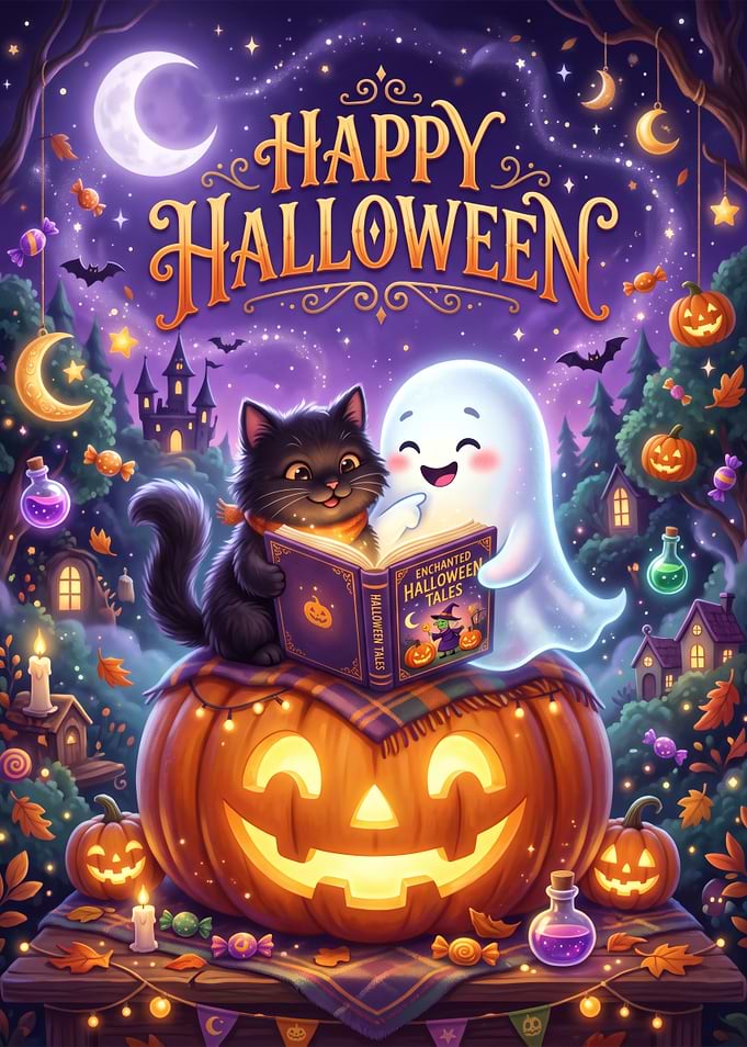 Cute Halloween Cat and Ghost Reading