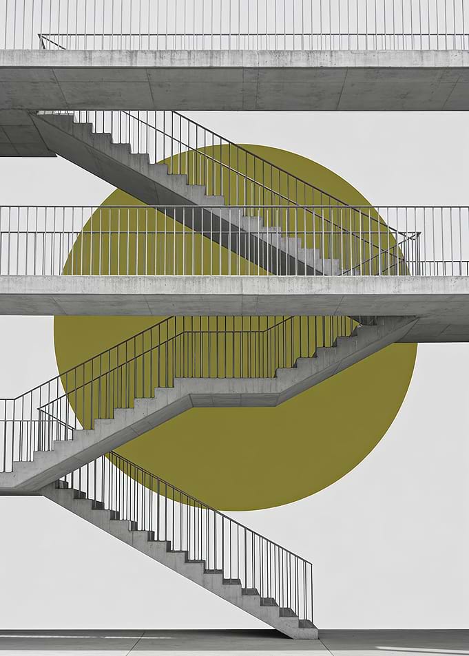 Minimalist Concrete Staircase with Yellow Circle