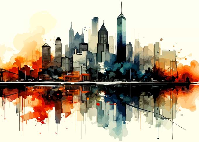 Watercolor City Skyline Reflection Art