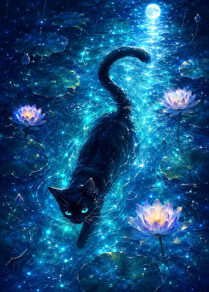 Black Cat Swimming in Glowing Pond