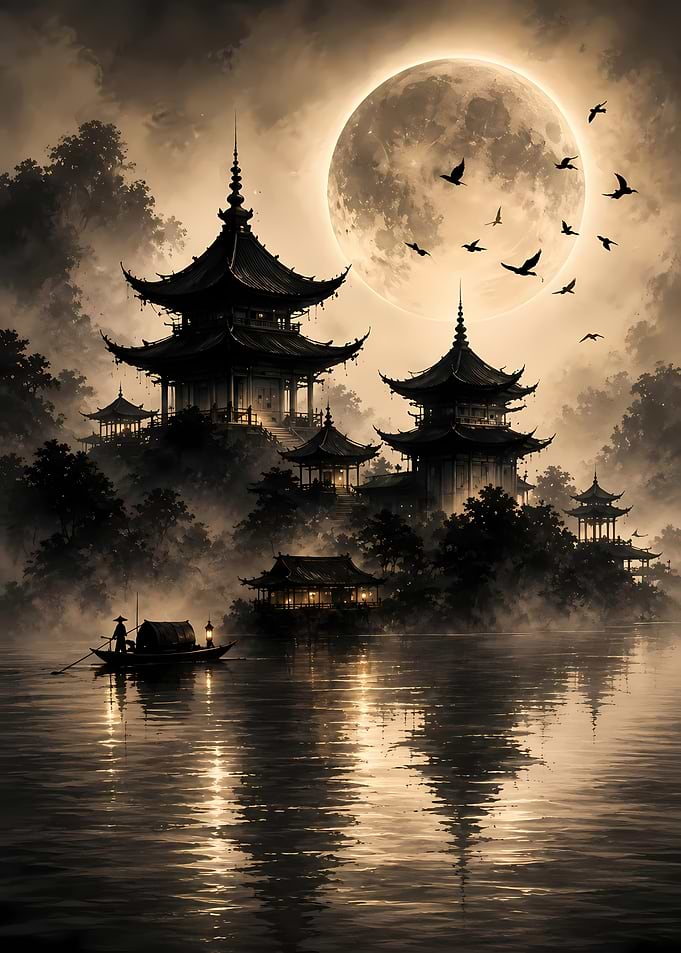Ethereal Pagoda Temple Under Full Moon