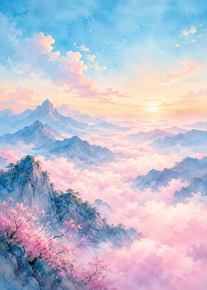 Dreamy Mountain Sunrise with Cherry Blossoms