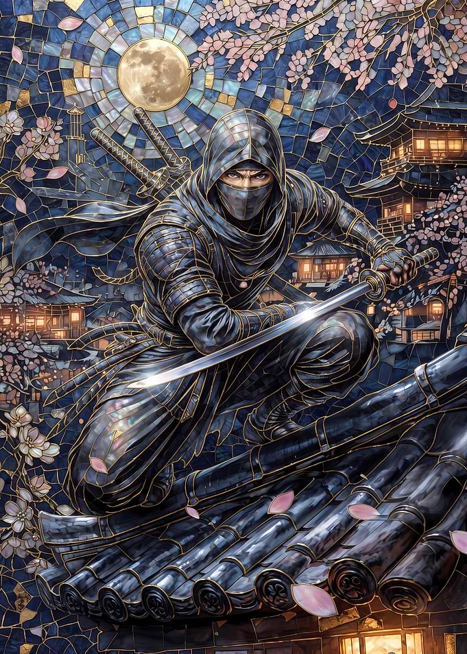 Ninja on Rooftop Stained Glass Art